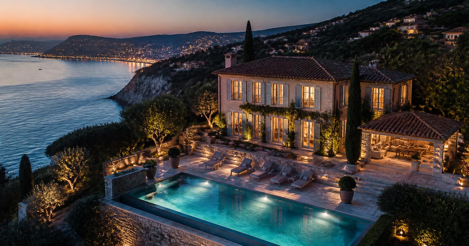 Villa éclairée au crépuscule au bord de la mer
