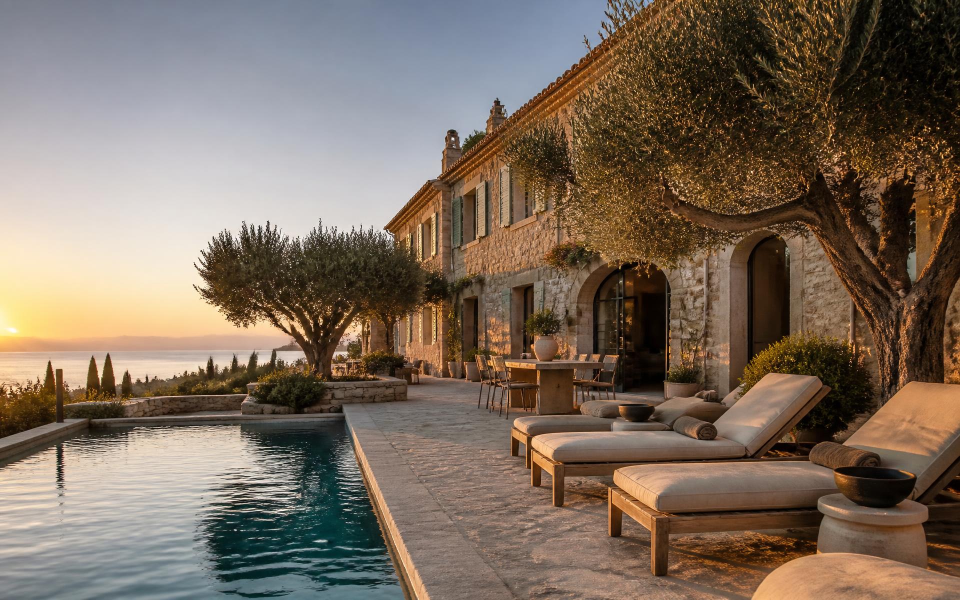 Villa en pierre avec piscine au coucher du soleil